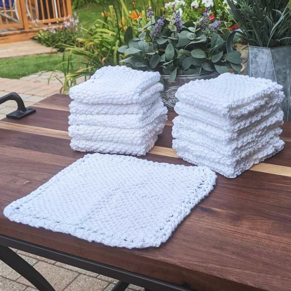 Set of Four Hand-Knit Washcloths, 100% Cotton Dishrags, White