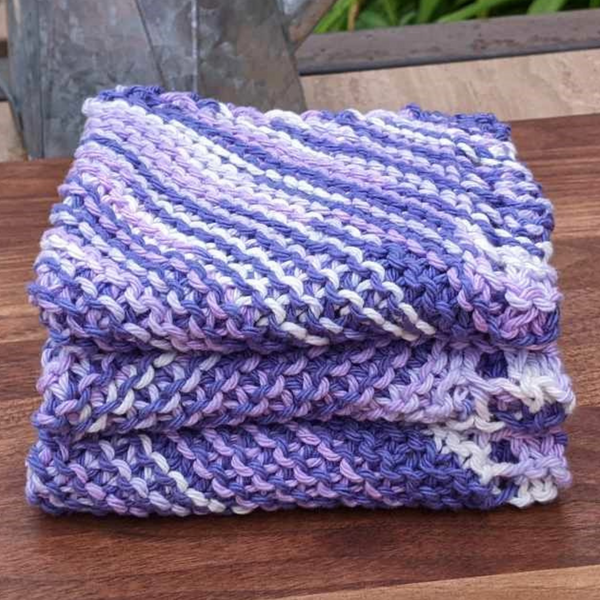 Set of Three Hand-Knit Washcloths, 100% Cotton Dishrags, Light Purple, Dark Purple, & White