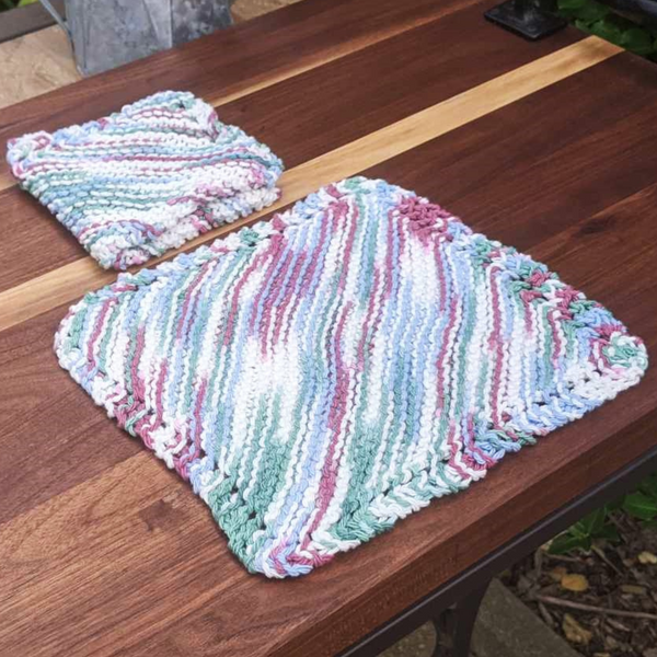 Set of Two Hand-Knit Washcloths, 100% Cotton Dishrags, Purple, White, & Blue