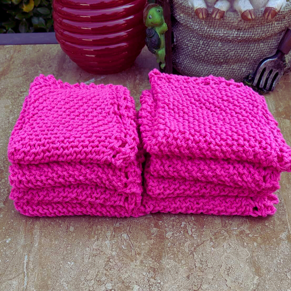 Set of Four Hand-Knit Washcloths, 100% Cotton Dish Cloths, Bright Magenta