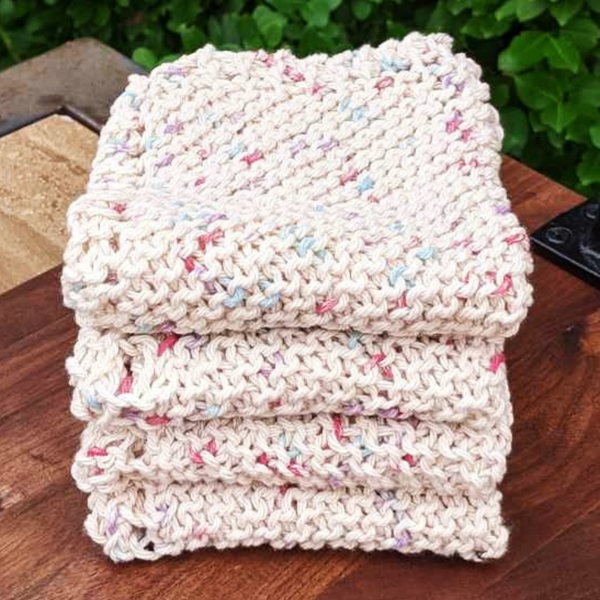 Set of Four Hand-Knit Washcloths, 100% Cotton Dishrags, Cream, Light Blue, & Light Pink
