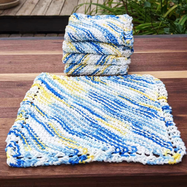 Set of Four Hand-Knit Washcloths, 100% Cotton Dishrags Blue, Yellow, & White