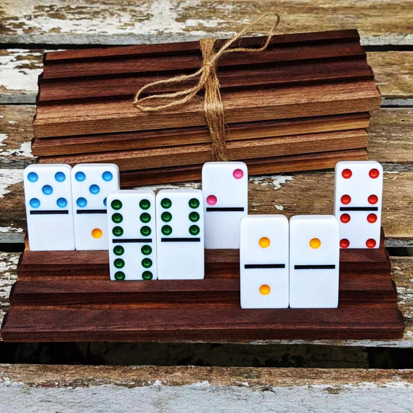 Set of FOUR Mini Black Walnut Wood Domino Holders with 3 Angled Domino Slots, Set of 4 Small Wooden Domino Rack Stands.