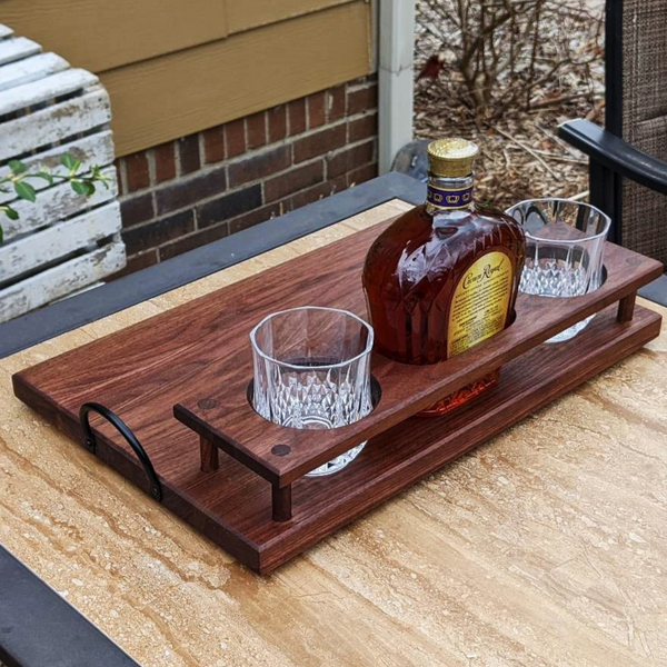 Black Walnut Wood Whiskey Charcuterie Tray with Whiskey Glasses, Cast Iron Handles, & Clear Rubber Grip Feet