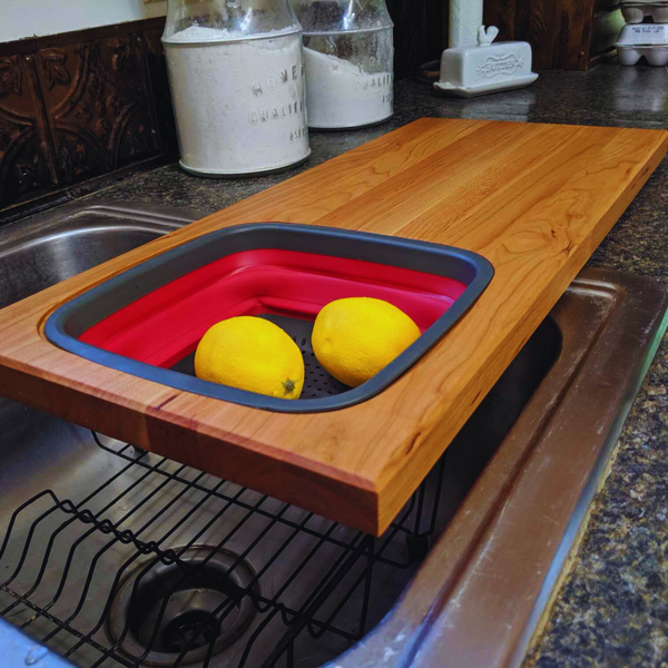 Cherry Wood Edge Grain Cutting Board with Colander and Clear Rubber Grip Feet