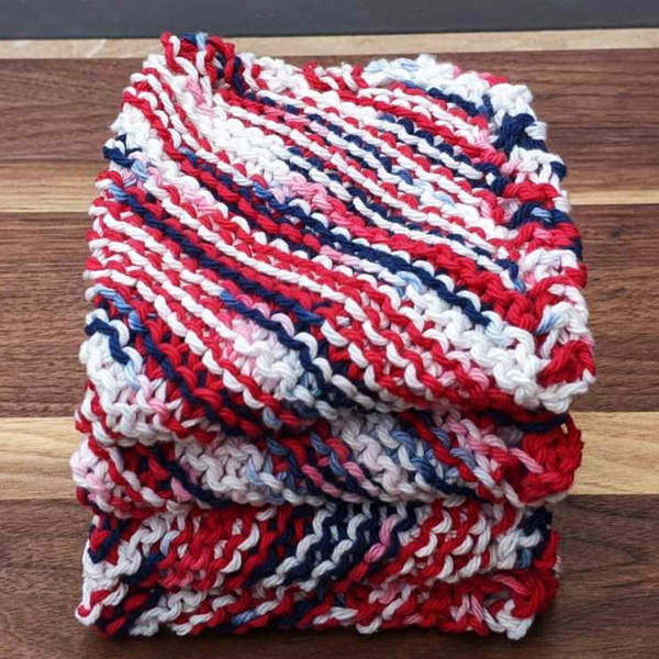 Set of Four Hand-Knit Washcloths, 100% Cotton Dishrags Red, White, & Blue