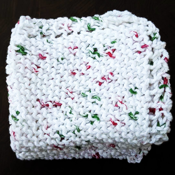 Four Hand-Knit Washcloths, 100% Cotton Dishrags, "Holly Jolly" Christmas Red, Green, & White
