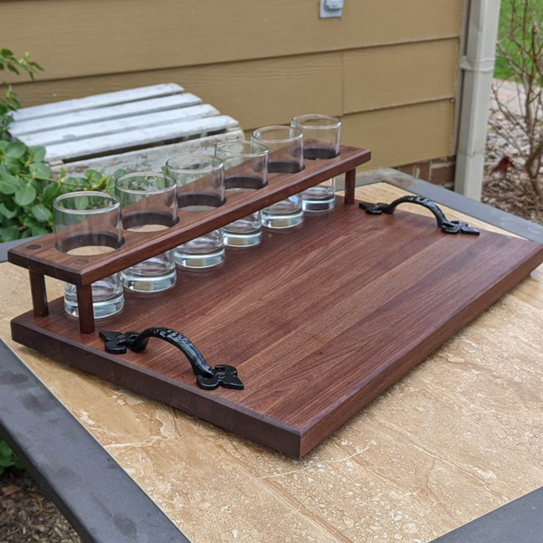 Black Walnut Wood Beer Flight Butcher Block / Charcuterie Board with 5.5 oz. Taster Glasses, Stainless Steel Sauce Cups, Cast Iron Handles, & Clear Rubber Grip Feet