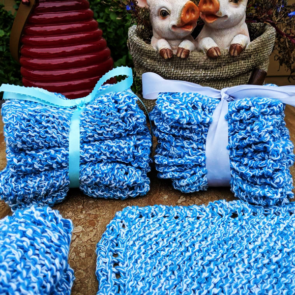 Set of Four Hand-Knit Washcloths, 100% Cotton Dishrags, Blue and White