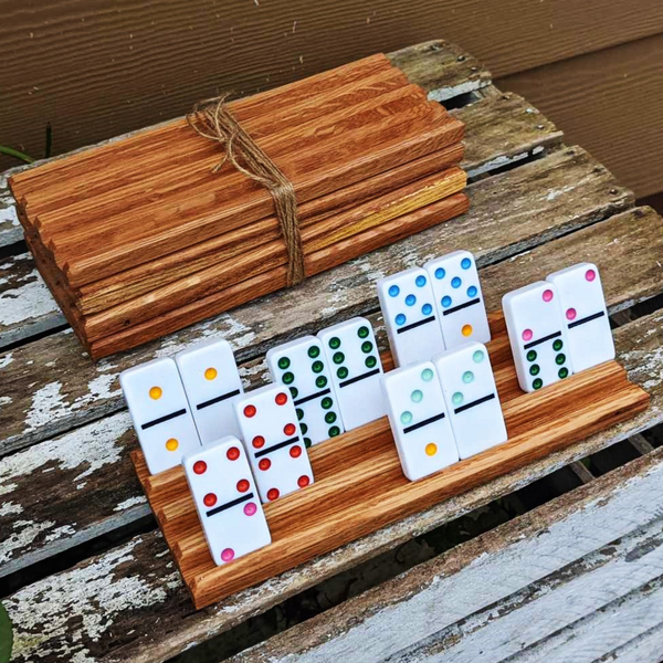 Set of FOUR Medium Sized Oak Wood Domino Holders with 4 Angled Domino Slots, Wooden Domino Organizers