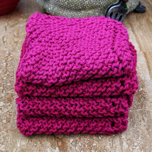 Set of Four Hand-Knit Washcloths, 100% Cotton Dishrags Magenta / Fuschia