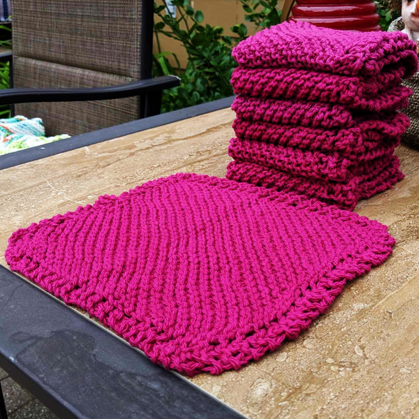 Set of Four Hand-Knit Washcloths, 100% Cotton Dishrags Magenta / Fuschia