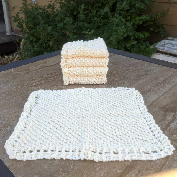 Set of Four Hand-Knit Washcloths, 100% Cotton Dishrags Light Soft Yellow