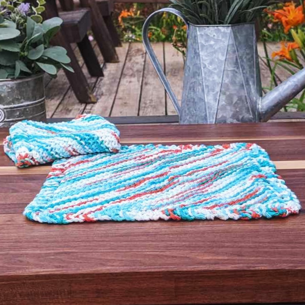 Set of Two Hand-Knit Washcloths, 100% Cotton Dishrags, Green, Blue, Orange, & White Ombre