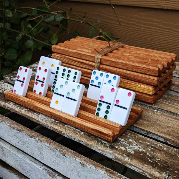 Set of FOUR Medium Sized Oak Wood Domino Holders with 4 Angled Domino Slots, Wooden Domino Organizers