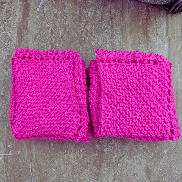 Set of Four Hand-Knit Washcloths, 100% Cotton Dish Cloths, Bright Magenta