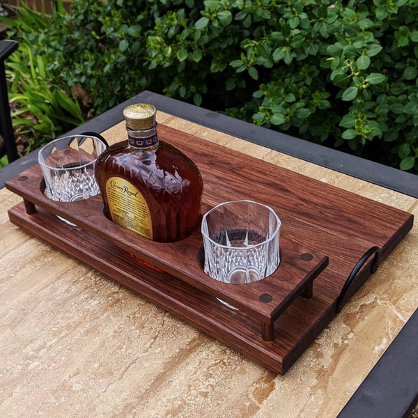 Black Walnut Wood Whiskey Charcuterie Tray with Whiskey Glasses, Cast Iron Handles, & Clear Rubber Grip Feet
