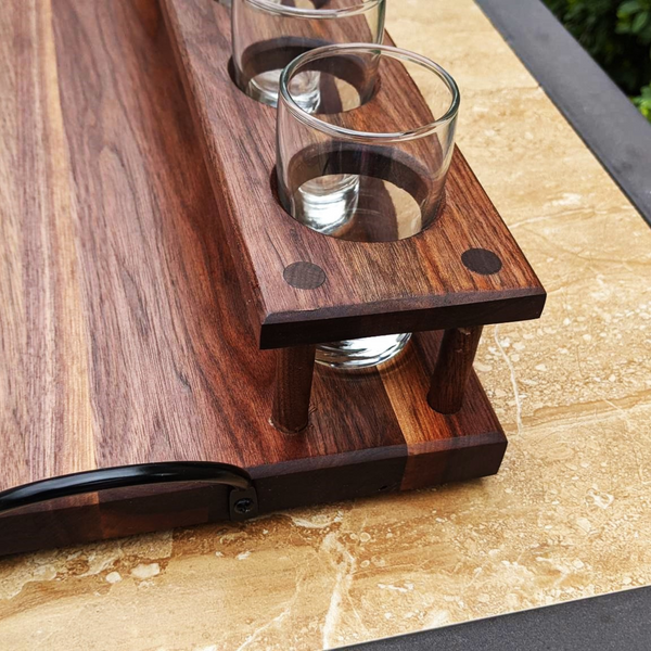 Black Walnut Wood Beer Flight Butcher Block / Charcuterie Board with 5.5 oz. Taster Glasses, Stainless Steel Sauce Cups, Cast Iron Handles, & Clear Rubber Grip Feet