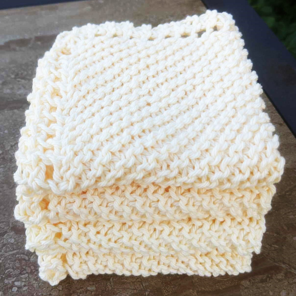 Set of Four Hand-Knit Washcloths, 100% Cotton Dishrags Light Soft Yellow