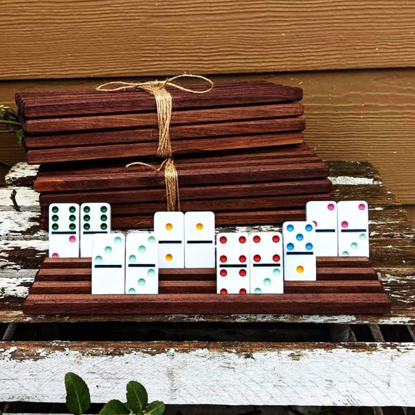 Set of FOUR Black Walnut Wood Domino Holders with 4 Angled Domino Slots Wooden Domino Game Rack Stands.
