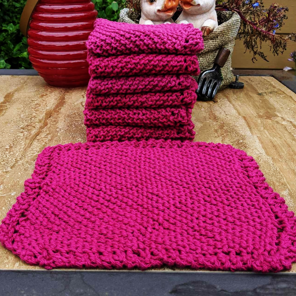 Set of Four Hand-Knit Washcloths, 100% Cotton Dishrags Magenta / Fuschia