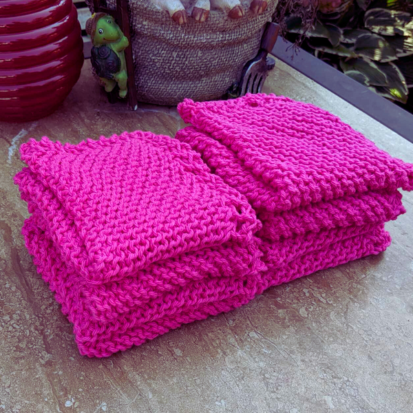 Set of Four Hand-Knit Washcloths, 100% Cotton Dish Cloths, Bright Magenta