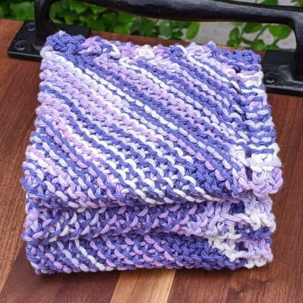 Set of Three Hand-Knit Washcloths, 100% Cotton Dishrags, Light Purple, Dark Purple, & White