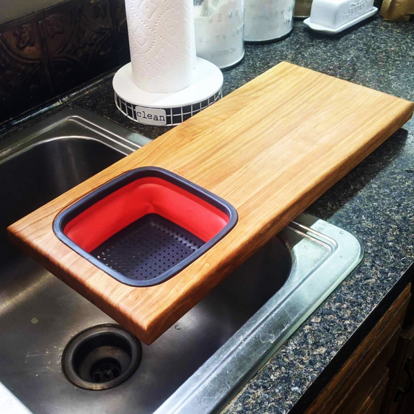 Over the Sink Cherry Wood Edge Grain Cutting Board with Colander and Clear Rubber Grip Feet