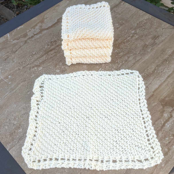 Set of Four Hand-Knit Washcloths, 100% Cotton Dishrags Light Soft Yellow
