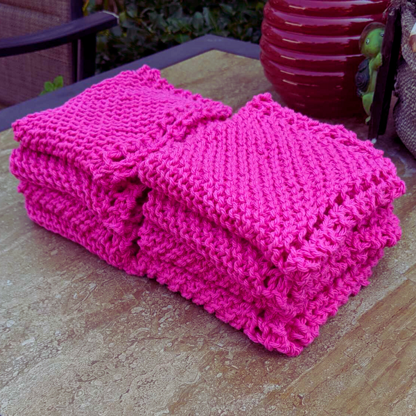 Set of Four Hand-Knit Washcloths, 100% Cotton Dish Cloths, Bright Magenta