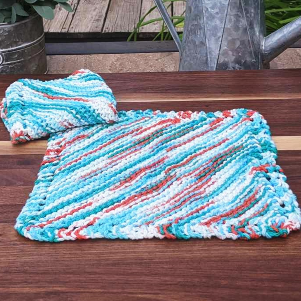 Set of Two Hand-Knit Washcloths, 100% Cotton Dishrags, Green, Blue, Orange, & White Ombre