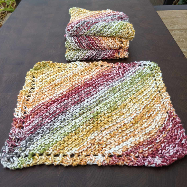 Set of Four Ombre Hand-Knit Washcloths, 100% Cotton Dishrags, Maroon, Mustard Yellow, Sage Green, and White