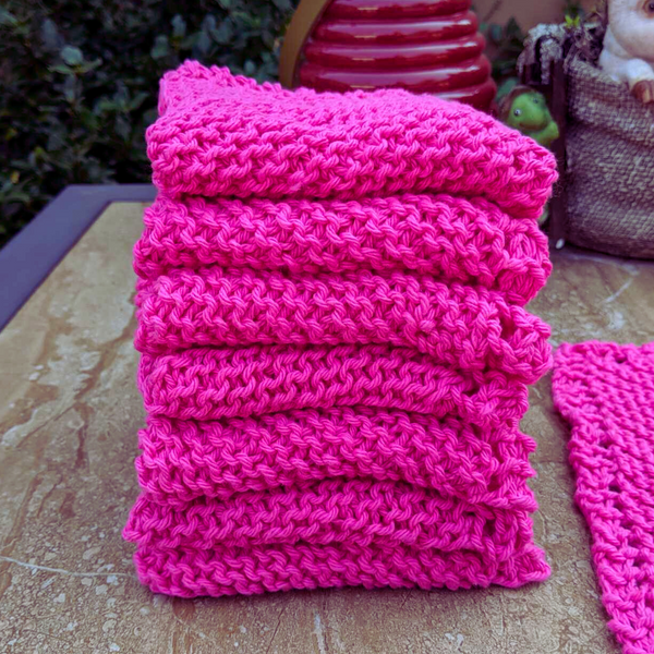 Set of Four Hand-Knit Washcloths, 100% Cotton Dish Cloths, Bright Magenta