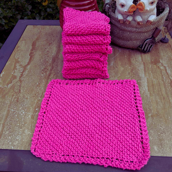Set of Four Hand-Knit Washcloths, 100% Cotton Dish Cloths, Bright Magenta
