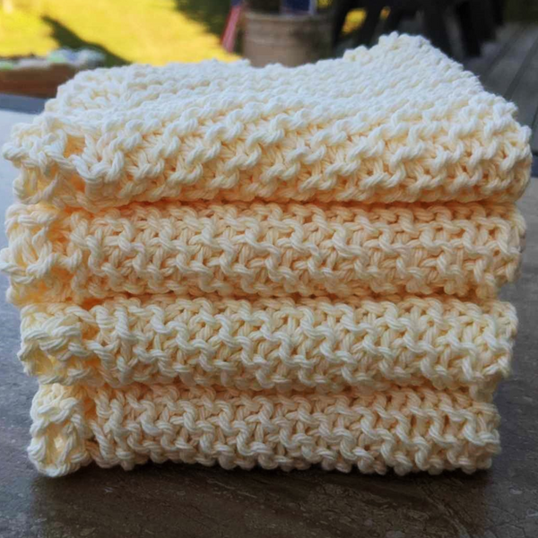 Set of Four Hand-Knit Washcloths, 100% Cotton Dishrags Light Soft Yellow