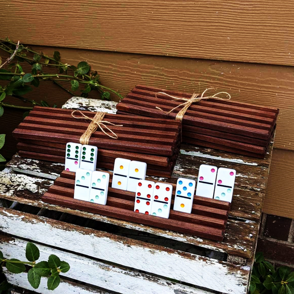 Set of FOUR Black Walnut Wood Domino Holders with 4 Angled Domino Slots Wooden Domino Game Rack Stands.