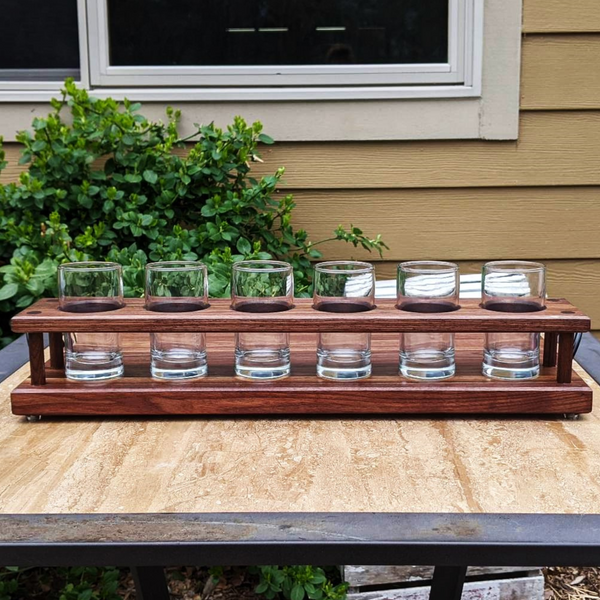 Black Walnut Wood Beer Flight Butcher Block / Charcuterie Board with 5.5 oz. Taster Glasses, Stainless Steel Sauce Cups, Cast Iron Handles, & Clear Rubber Grip Feet