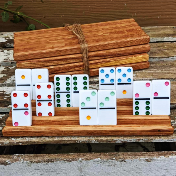 Set of FOUR Medium Sized Oak Wood Domino Holders with 4 Angled Domino Slots, Wooden Domino Organizers