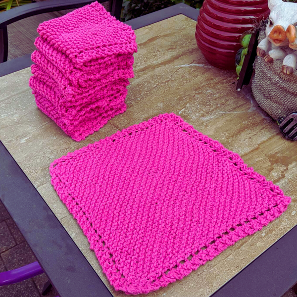 Set of Four Hand-Knit Washcloths, 100% Cotton Dish Cloths, Bright Magenta