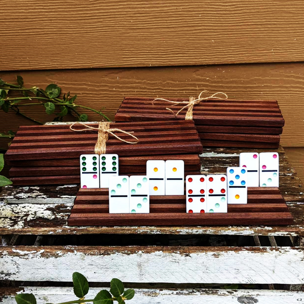 Set of FOUR Black Walnut Wood Domino Holders with 4 Angled Domino Slots Wooden Domino Game Rack Stands.