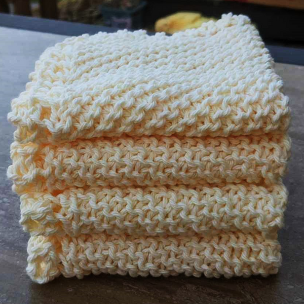 Set of Four Hand-Knit Washcloths, 100% Cotton Dishrags Light Soft Yellow
