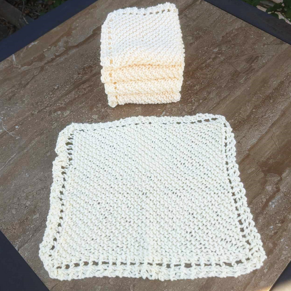 Set of Four Hand-Knit Washcloths, 100% Cotton Dishrags Light Soft Yellow