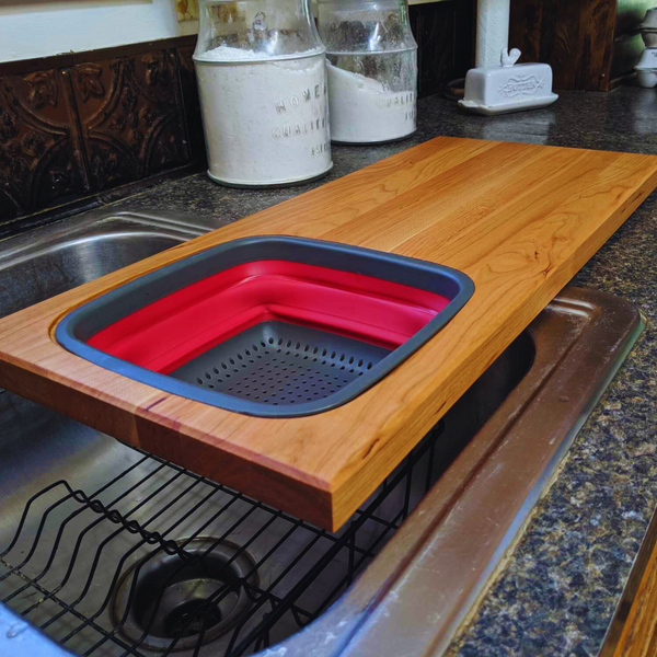 Cherry Wood Edge Grain Cutting Board with Colander and Clear Rubber Grip Feet