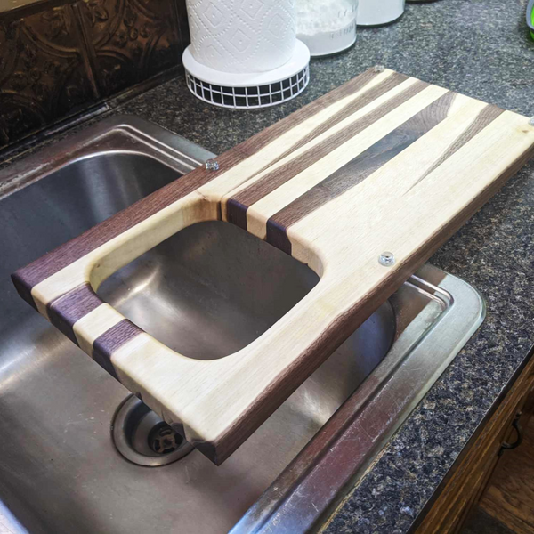 Large Over The Sink Black Walnut Edge Grain Cutting Board with Colander and Clear Rubber Grip Feet