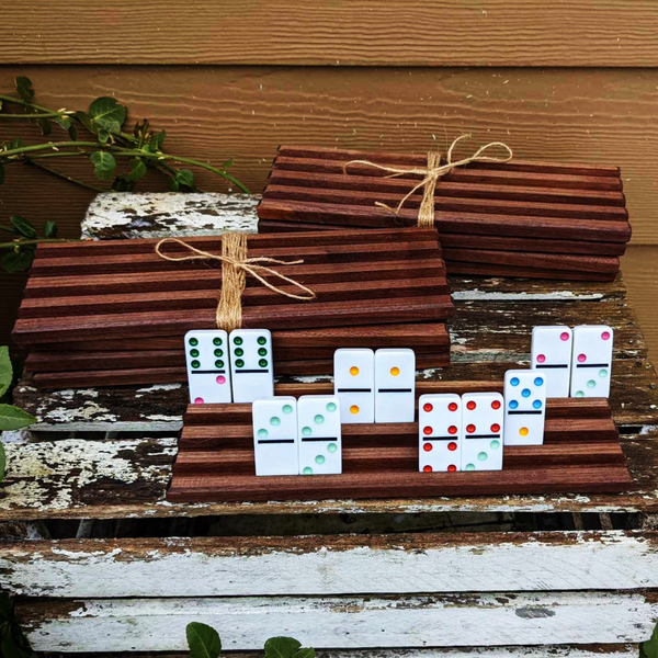 Set of FOUR Black Walnut Wood Domino Holders with 4 Angled Domino Slots Wooden Domino Game Rack Stands.