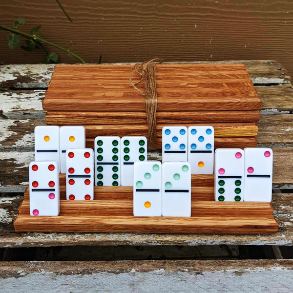 Set of FOUR Medium Sized Oak Wood Domino Holders with 4 Angled Domino Slots, Wooden Domino Organizers