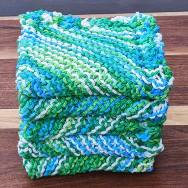 Set of Four Hand-Knit Washcloths, 100% Cotton Dishrags, Teal, Green, White & Blue