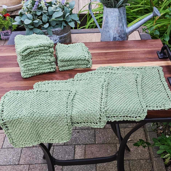 Set of Four Hand-Knit Washcloths, 100% Cotton Dishrags, Sage Green