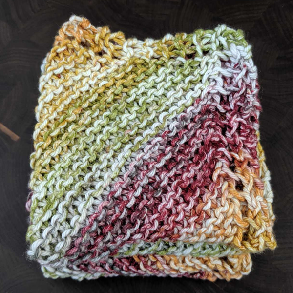 Set of Four Ombre Hand-Knit Washcloths, 100% Cotton Dishrags, Maroon, Mustard Yellow, Sage Green, and White