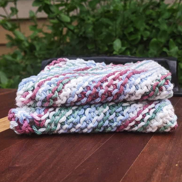 Set of Two Hand-Knit Washcloths, 100% Cotton Dishrags, Purple, White, & Blue